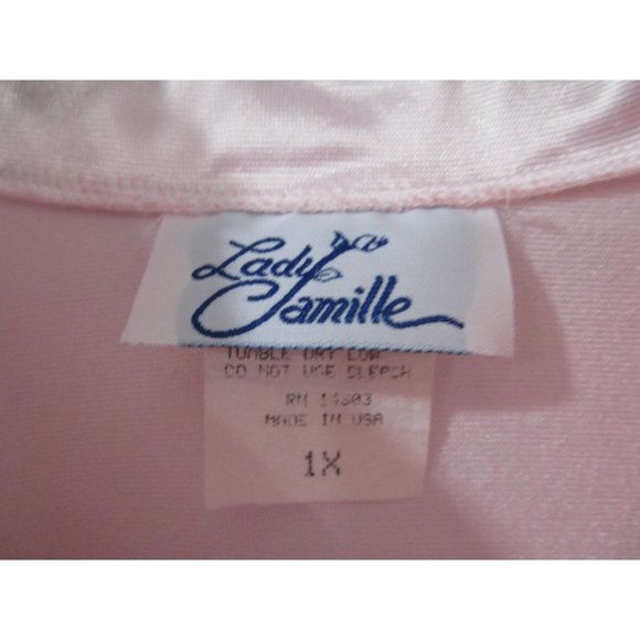 Lady Camille 1X Pink Satin Zip Front Floral Embroidered Quilted Yolk EUC - Picture 4 of 16